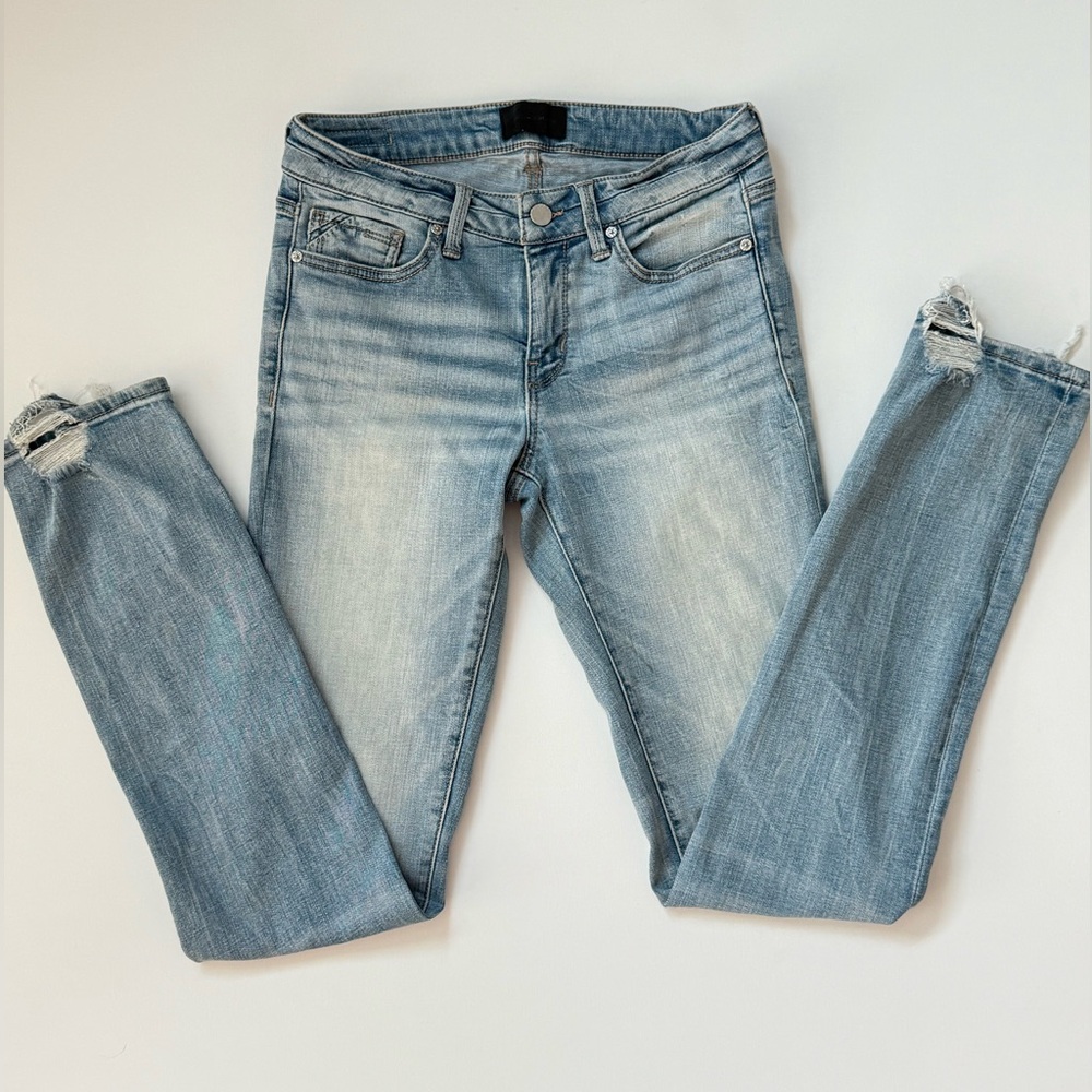 Buckle Black Straight Leg Jeans with Distressed Ankle Style